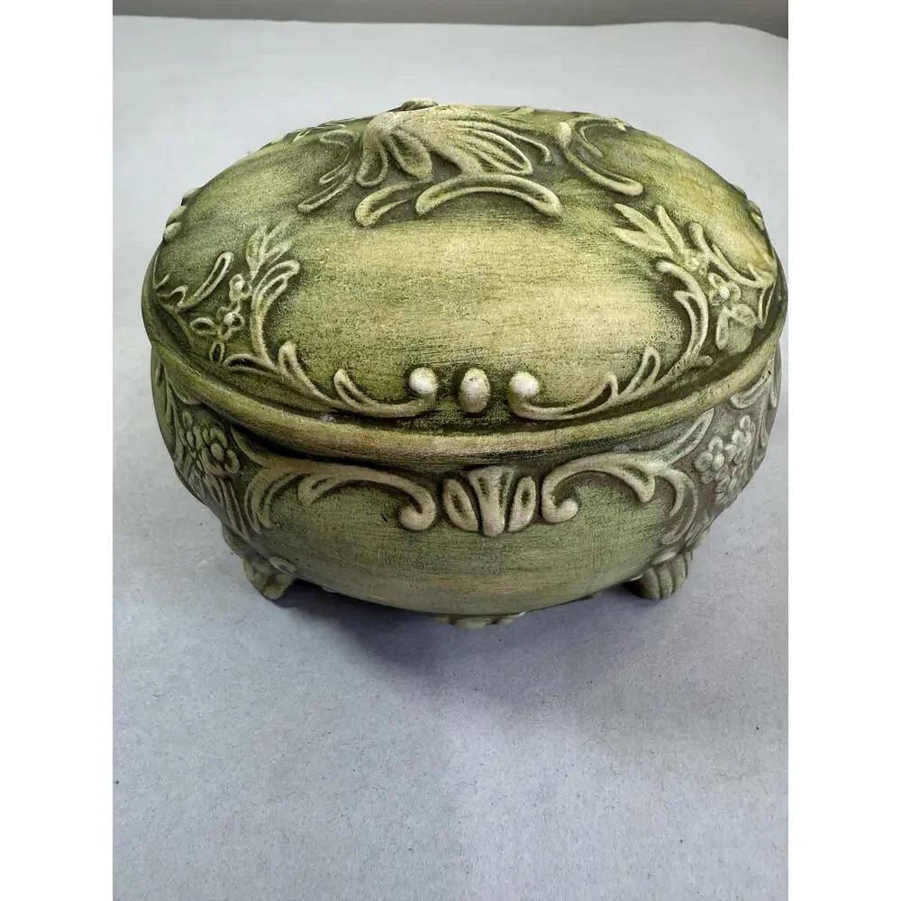 Vintage Art Nouveau Style Ceramic Jewelry Casket Green Patina Finish Marked GB